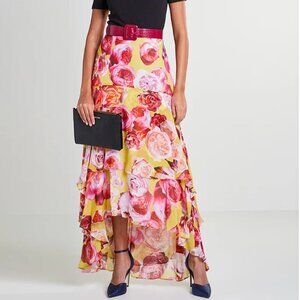 NWT Pinko Bonet High Low Ruffled Skirt Yellow and Pink Floral Size 42